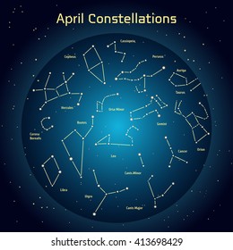 Vector illustration of the constellations of the night sky in April. Glowing a dark blue circle with stars in space Design elements relating to astronomy and astrology