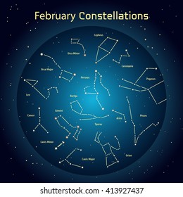 Vector illustration of the constellations of the night sky in February. Glowing a dark blue circle with stars in space Design elements relating to astronomy and astrology