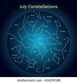 Vector illustration of the constellations of the night sky in July. Glowing a dark blue circle with stars in space Design elements relating to astronomy and astrology