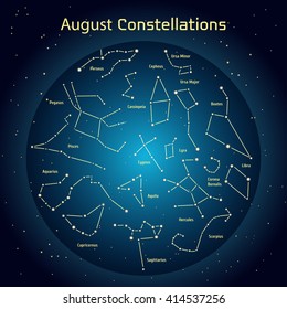 Vector illustration of the constellations of the night sky in August. Glowing a dark blue circle with stars in space Design elements relating to astronomy and astrology