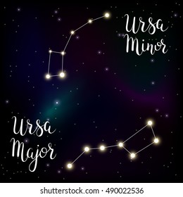 Vector illustration of constellations Ursa Major and Ursa Minor with lettering astrology names on space background with stars in shining galaxy.