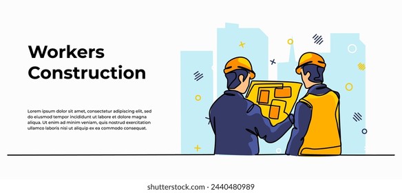 Vector illustration of construction contractors discussing blueprints. Modern flat in continuous line style.