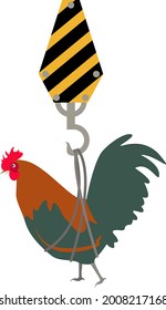 Vector illustration. Construction crane. Hook, lift. Raises the rooster. bird. cargo, weight