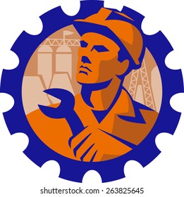 vector illustration of a Construction Engineer Worker wearing hardhat holding wrench spannerwith pylon and buildings in background set inside mechanical gear cog done in  Retro style.