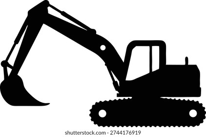 Vector illustration of a construction excavator, or digger, in black silhouette against a white background, perfect for industrial themes.