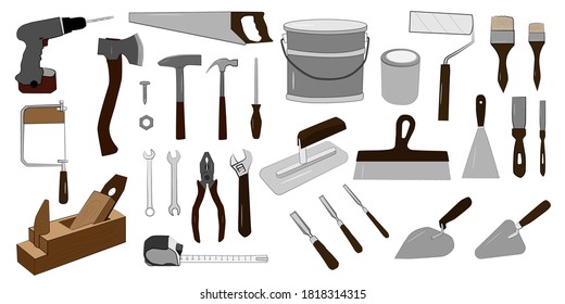 Vector illustration of construction and household materials. A set of items on a white background.