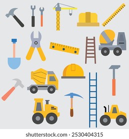 vector illustration of construction icons. such as helmet, hammer, heavy vehicle, design ruler.