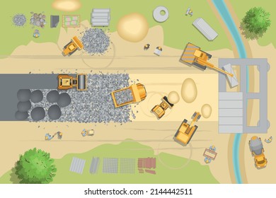 Ilustración vectorial. Construcción de carreteras y puentes. Vista desde arriba.
Etapa de la carretera de construcción. Maquinaria de construcción. (vista superior)