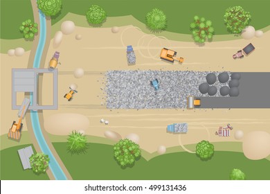 Vector illustration. Construction of roads and bridges. View from above.
Stage of construction road. Construction machinery. (top view)