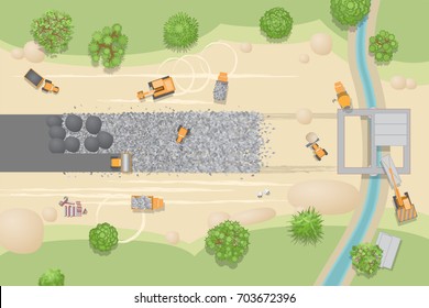 Vector illustration. Construction of roads and bridges. View from above. Stage of construction road. Construction machinery. (top view)