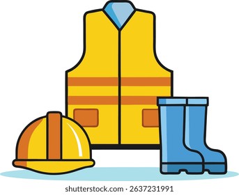 Vector illustration of construction safety gear set including yellow hard hat, reflective vest, and blue rubber boots. Ideal for safety, engineering, and industrial themed projects or icons.