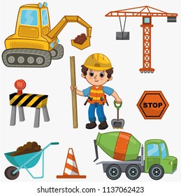 Vector  illustration of a construction set. Set includes cute little boy, tools, construction transports and road sign. Vector little builder. 