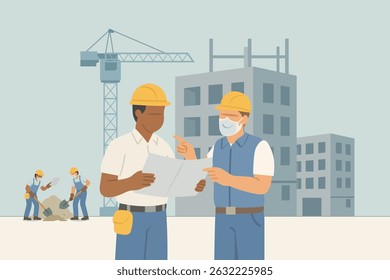 Vector illustration of construction site with engineers reviewing a building plan, workers digging in the background, and safety equipment such as helmets and face masks.