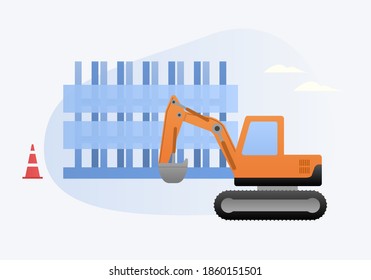 Ilustración vectorial de la construcción y de la excavadora.