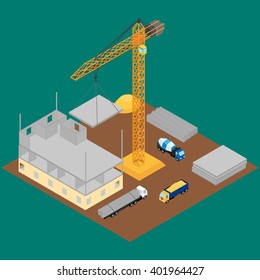 vector illustration. Construction site, house under construction, crane, concrete mixer, truck. The concrete blocks. Isometric, infographic