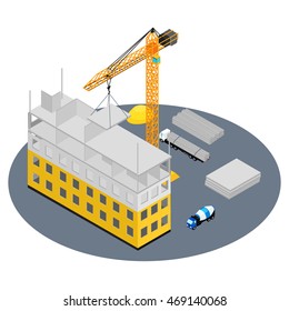 vector illustration. Construction site, house under construction, crane, concrete mixer, truck. The concrete blocks. Isometric, infographic