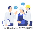 Vector illustration of a construction site meeting. A supervisor, a male worker, and a female worker are in discussion.
