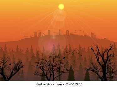 Vector illustration of Construction site on the hills at sunset