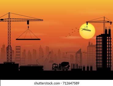 Ilustración vectorial de las siluetas del sitio de construcción al atardecer