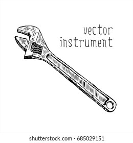 Vector illustration of a construction tool for repair. Black and white sketch drawing wrench.