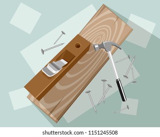 Vector illustration of construction tools on blue background