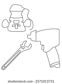 A vector illustration of construction tools  professional design. common tools in a construction vector set include a saw, ideal for cutting wood, metal, or plastic; a drill. Spanner and Drill.