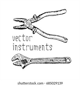 Vector illustration of a construction tools for repair. Black and white sketch drawing of instruments pliers and wrench.