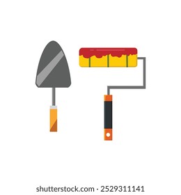 Vector illustration of construction tools with a shovel and roller brush on a white background. Perfect for construction tool icons and renovation project designs