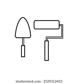 Vector illustration of construction tools with a shovel and roller brush on a white background. Perfect for construction tool icons and renovation project designs