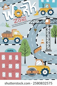 Vector illustration of construction vehicle cartoon with buildings in city