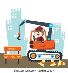 ilustración vectorial de vehículos de construcción caricatura con conductores graciosos en la carretera, para tela textil, papel tapiz de vivero, tarjeta, afiche y otra decoración. Ilustración vectorial.