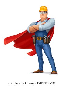 Vector Illustration of a Construction Worker Dressed as a Superhero. 