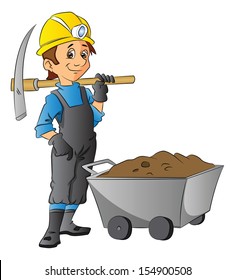 Vector illustration of construction worker holding pickaxe next to wheelbarrow full of mud.