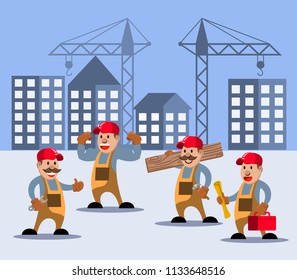 Vector illustration of construction worker on building site.