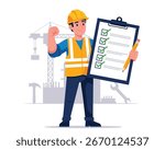 Vector illustration of a construction worker in safety gear holding a completed checklist at a construction site background.