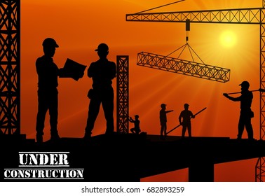 Vector illustration of Construction worker silhouette on the work place at dusk