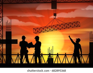 Vector illustration of Construction worker silhouette at sunset