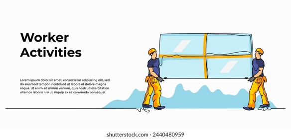 Ilustración vectorial de un trabajador de la construcción juntos es el vidrio de elevación. Moderno piso en estilo de línea continua.