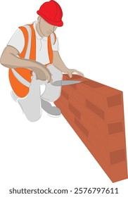 A vector illustration of a construction worker wearing a helmet and safety vest, laying bricks with precision. Perfect for construction and engineering themes