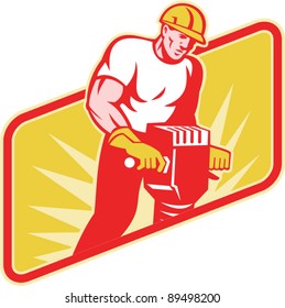 vector Illustration of a construction worker at work operating a jackhammer facing front with sunburst in the background on isolated white background.