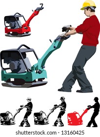 Vector illustration of construction worker working with compactor