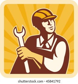 vector illustration of a Construction worker,engineer or mechanic holding spanner looking up with sunburst in background.