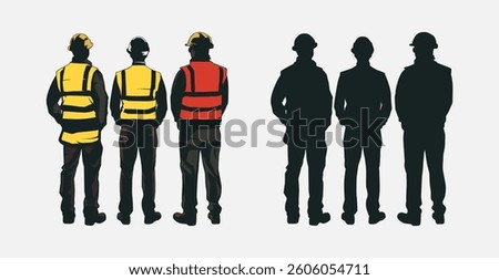 Vector illustration of construction workers in safety vests and helmets, viewed from behind. Silhouettes and detailed figures represent teamwork, safety, and industrial work environments