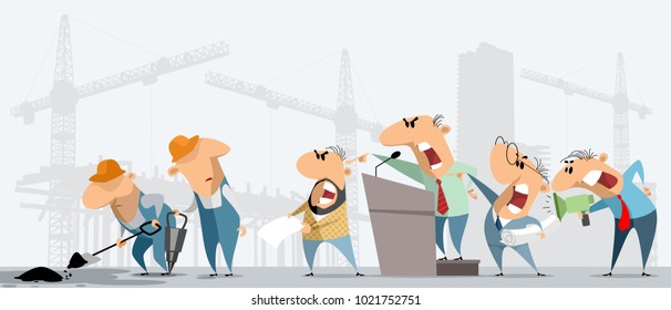 Vector illustration of construction workers and superiors