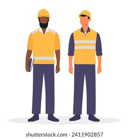 Vector illustration of constructor builders in uniform and safety helmet. Vector illustration in flat cartoon style.	
