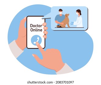 Vector illustration Consultation Vet Doctor online Hands hold cell phone Online medical communication with dog owner. Medical support Veterinary clinic. Healthcare service. Vet checkup Veterinarian