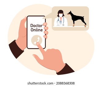 Vector illustration Consultation Vet Doctor online Hands hold cell phone Online medical communication with dog owner. Medical support Veterinary clinic. Healthcare service. Vet checkup Veterinarian