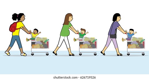 vector illustration consumer goods, tree ethnic womens with child shopping