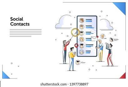 Vector illustration of contact list social network. Flat line art style concept. Small people characters doing various tasks,