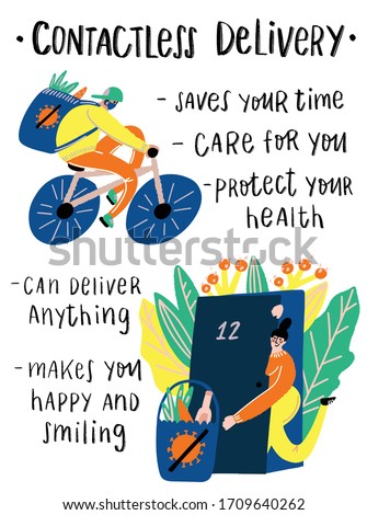 Vector illustration contactlees delivery. A bicycle courier delivers an order. A grocery bag is left under the door with safe distance to protect form covid-19 or coronavirus. Self isolation lifestyle